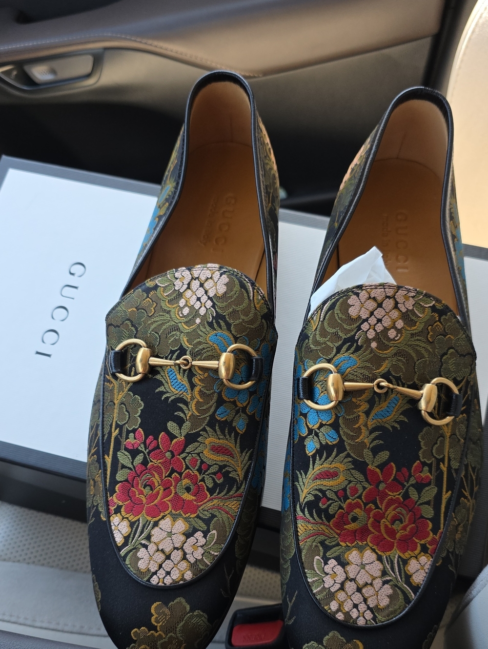 Gucci Floral Jacquard Horsebit Loafer in Black with Red & Blue Accents
